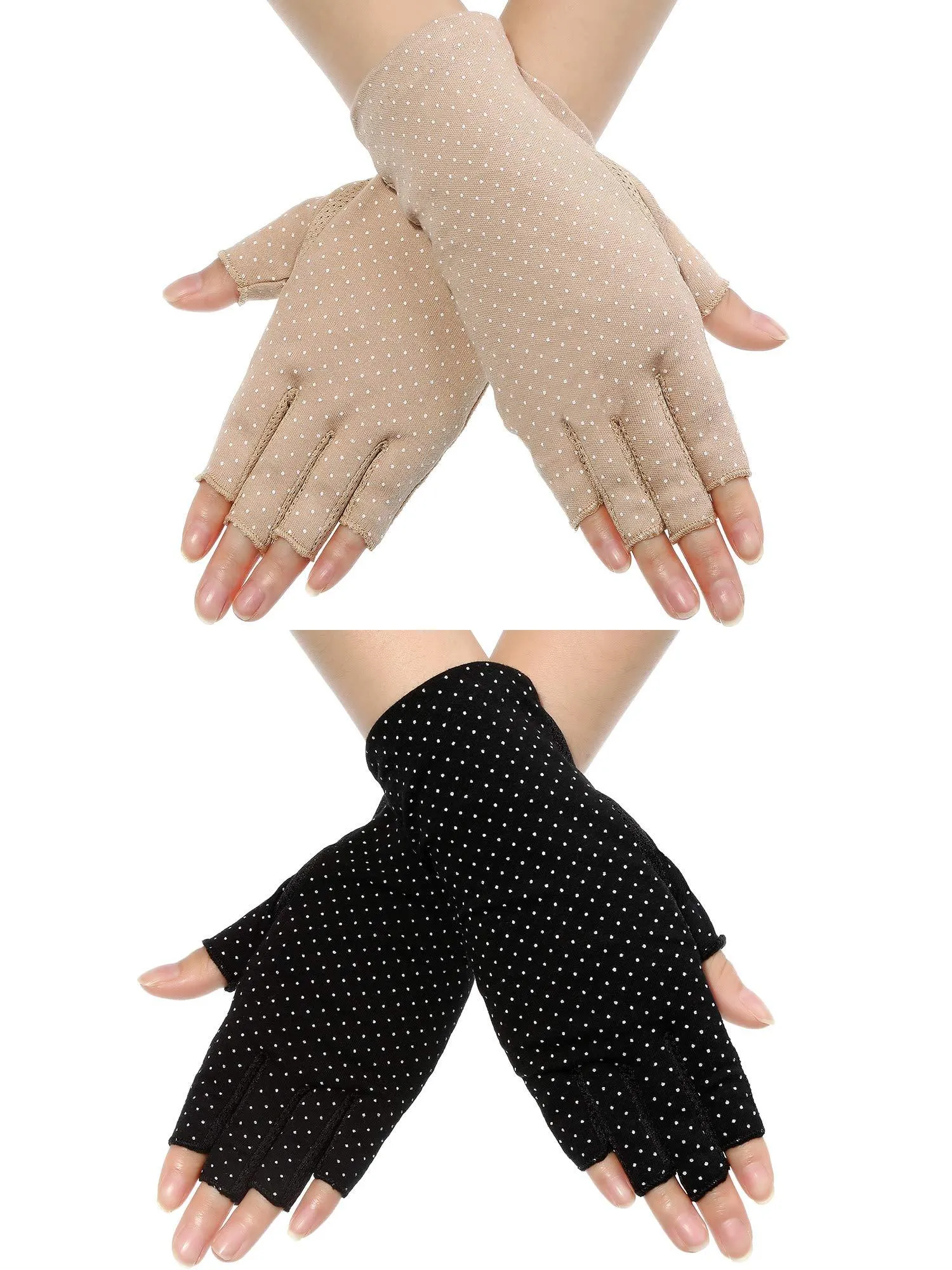 2 Pairs Sunblock Fingerless Gloves Non-slip UV Protection Driving Gloves Summer Outdoor Gloves for Women and Girls Black and Khaki