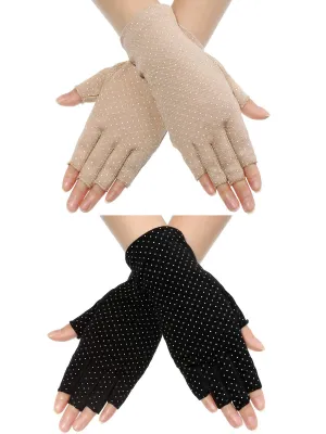 2 Pairs Sunblock Fingerless Gloves Non-slip UV Protection Driving Gloves Summer Outdoor Gloves for Women and Girls Black and Khaki