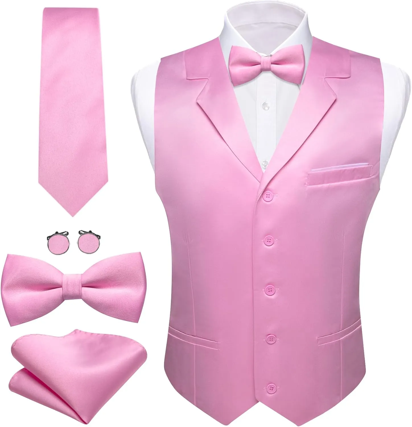 Barry.Wang Mens Satin Formal Suit Vest Tie Bowtie Set 8PC Lapel Collar Casual Slim Fit Waistcoat Wedding Party Tuxedo