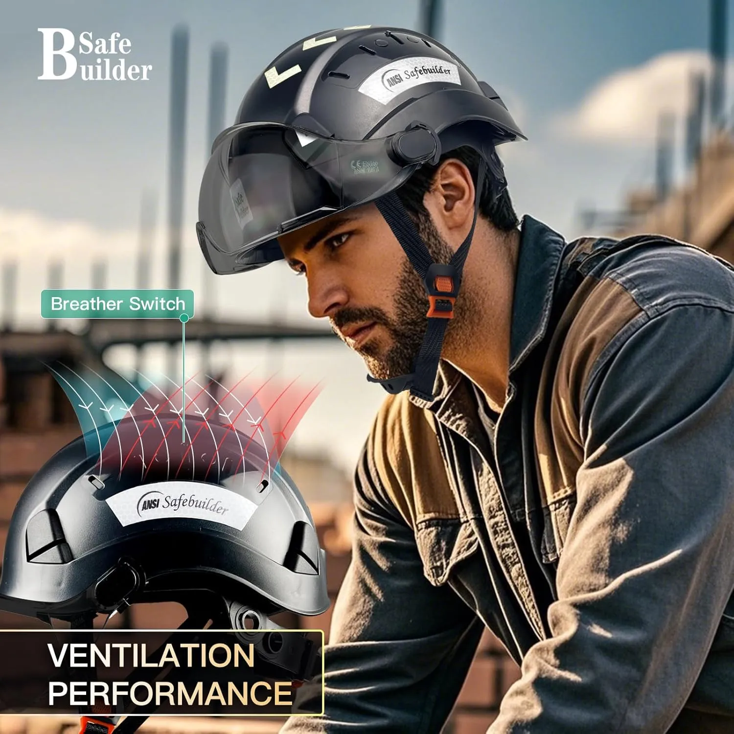 Construction Safety Helmet with Visor ABS Hard Hat Adjustable Ventilation Hardhats Industrial Work Head Protection for Men Certified ANSI/ISEA Z89.1