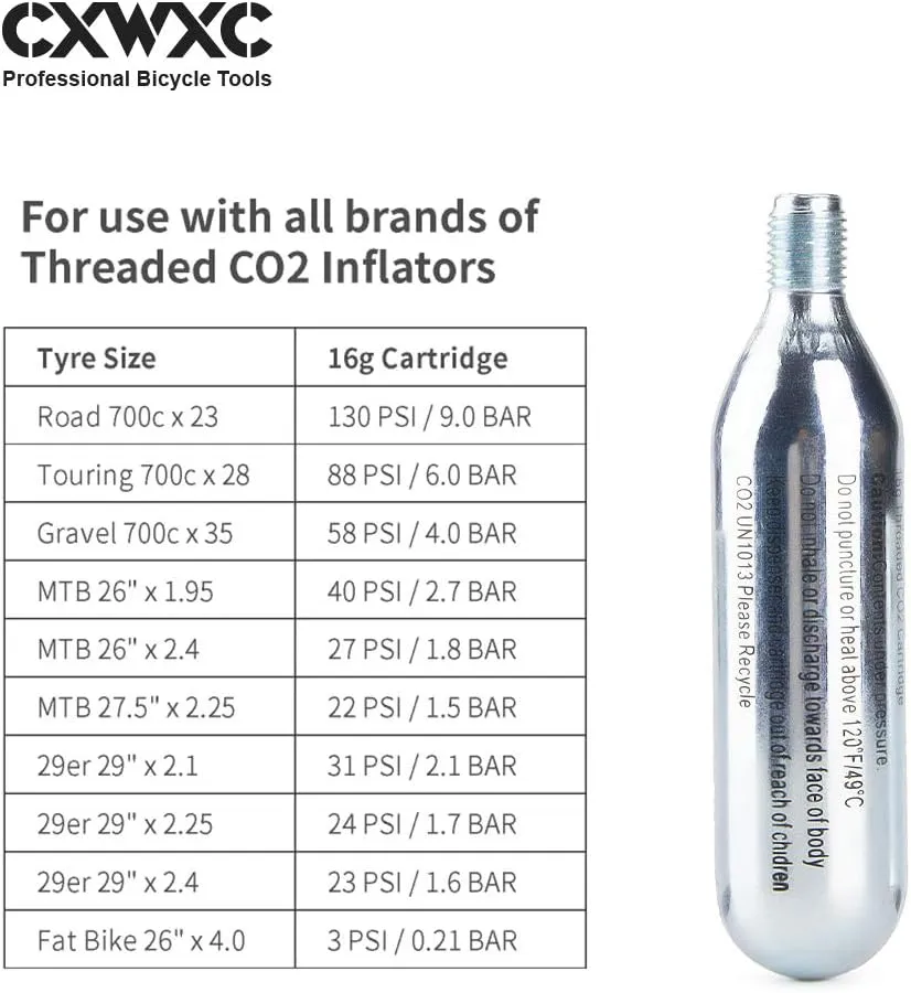 CXWXC 16g / 25g Threaded CO2 Cartridges or CO2 Inflator for Bike Tires - Cartridge for CO2 Inflator with Threaded Connection, CO2 Pump for Road and Mountain Bikes