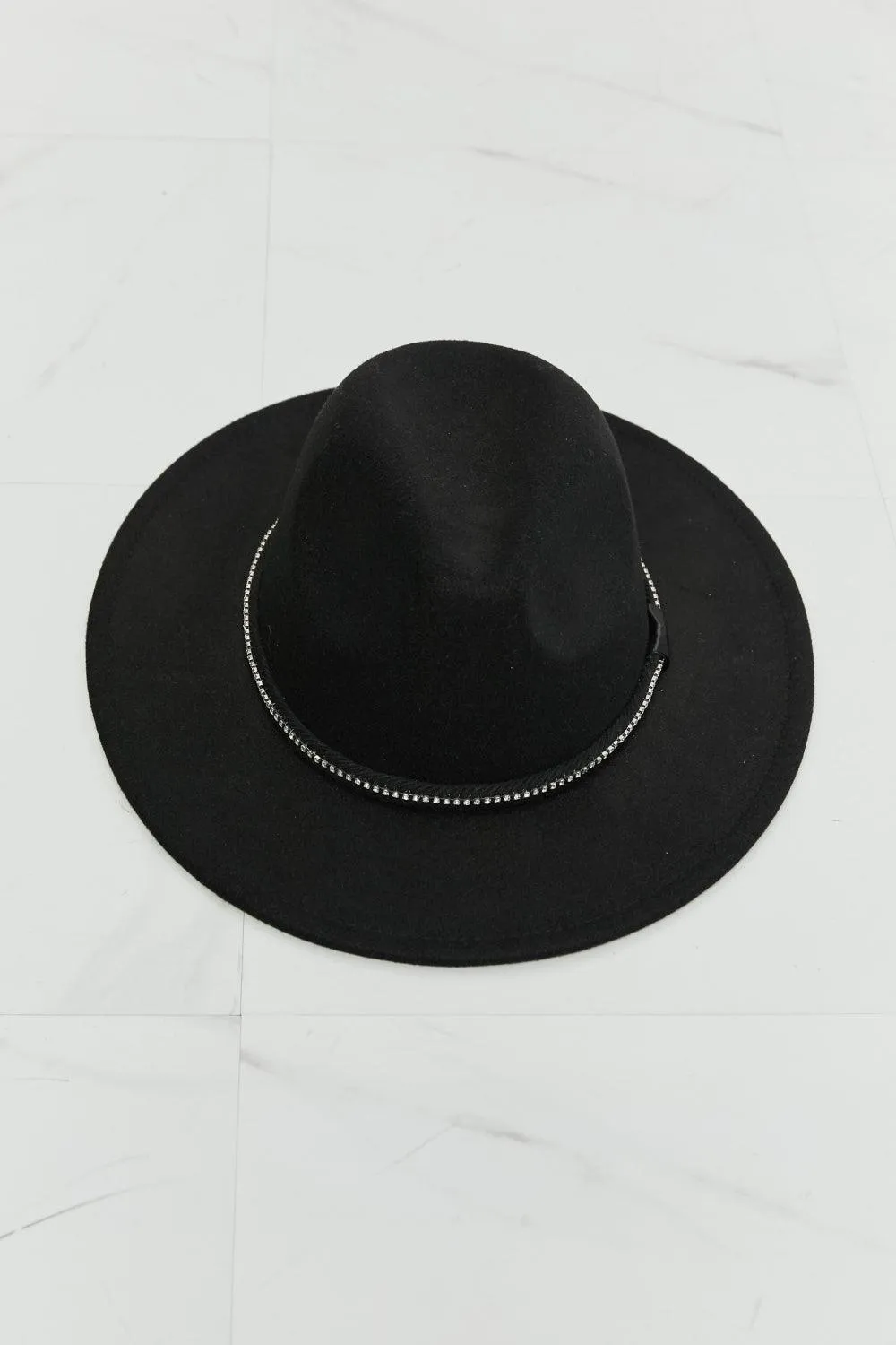 Fame Rhinestone Belt Wide Brim Black Fedora Hat