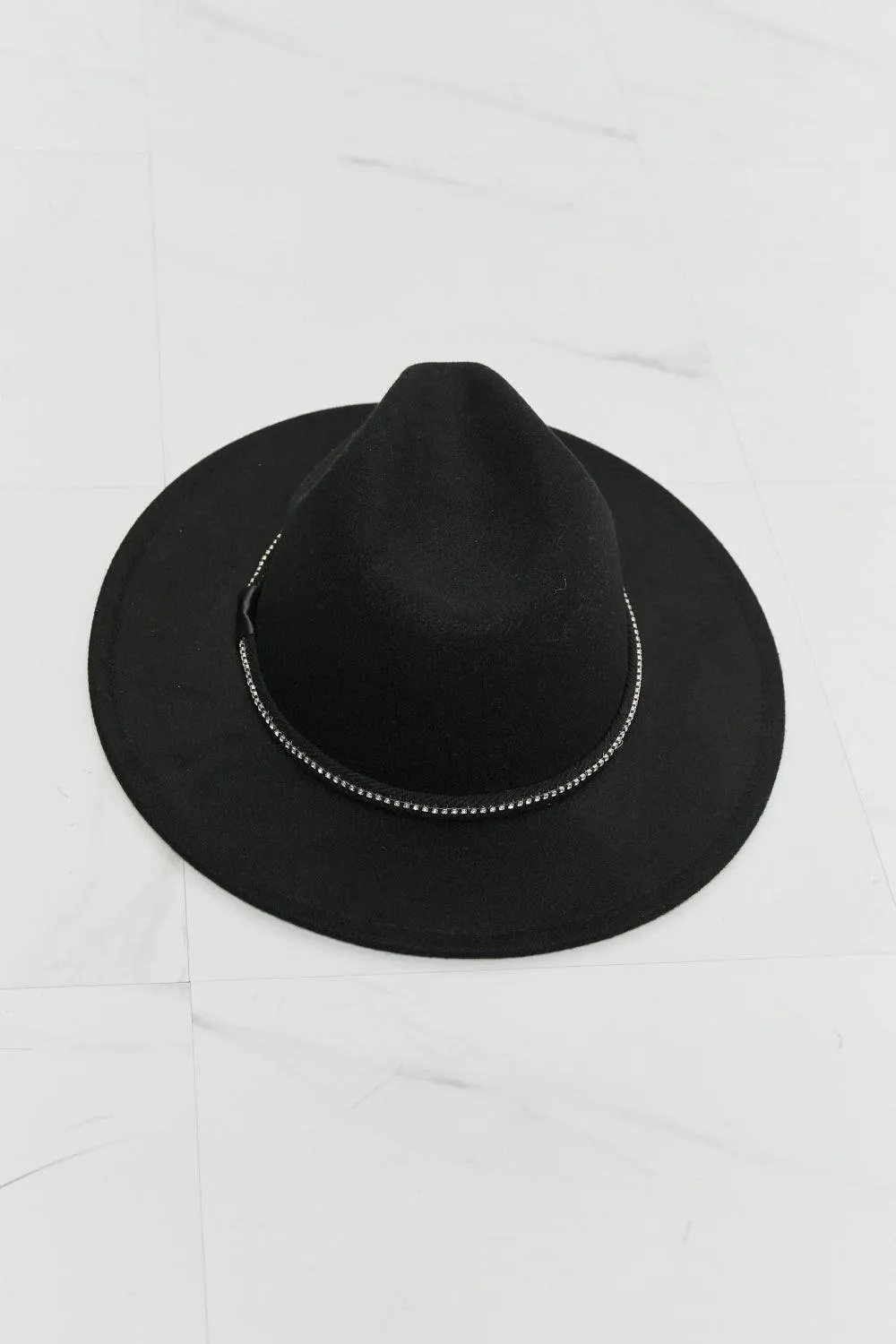 Fame Rhinestone Belt Wide Brim Black Fedora Hat