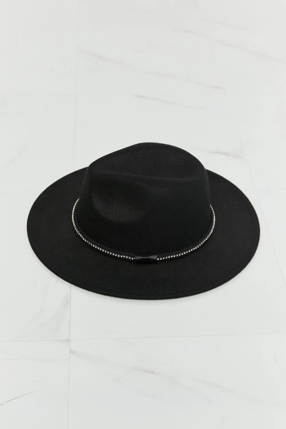 Fame Rhinestone Belt Wide Brim Black Fedora Hat