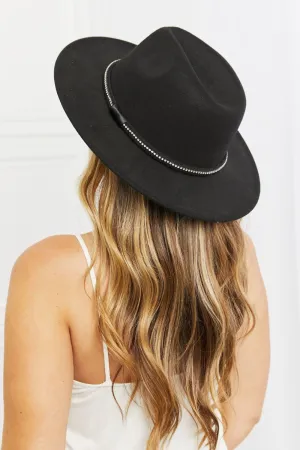 Fame Rhinestone Belt Wide Brim Black Fedora Hat