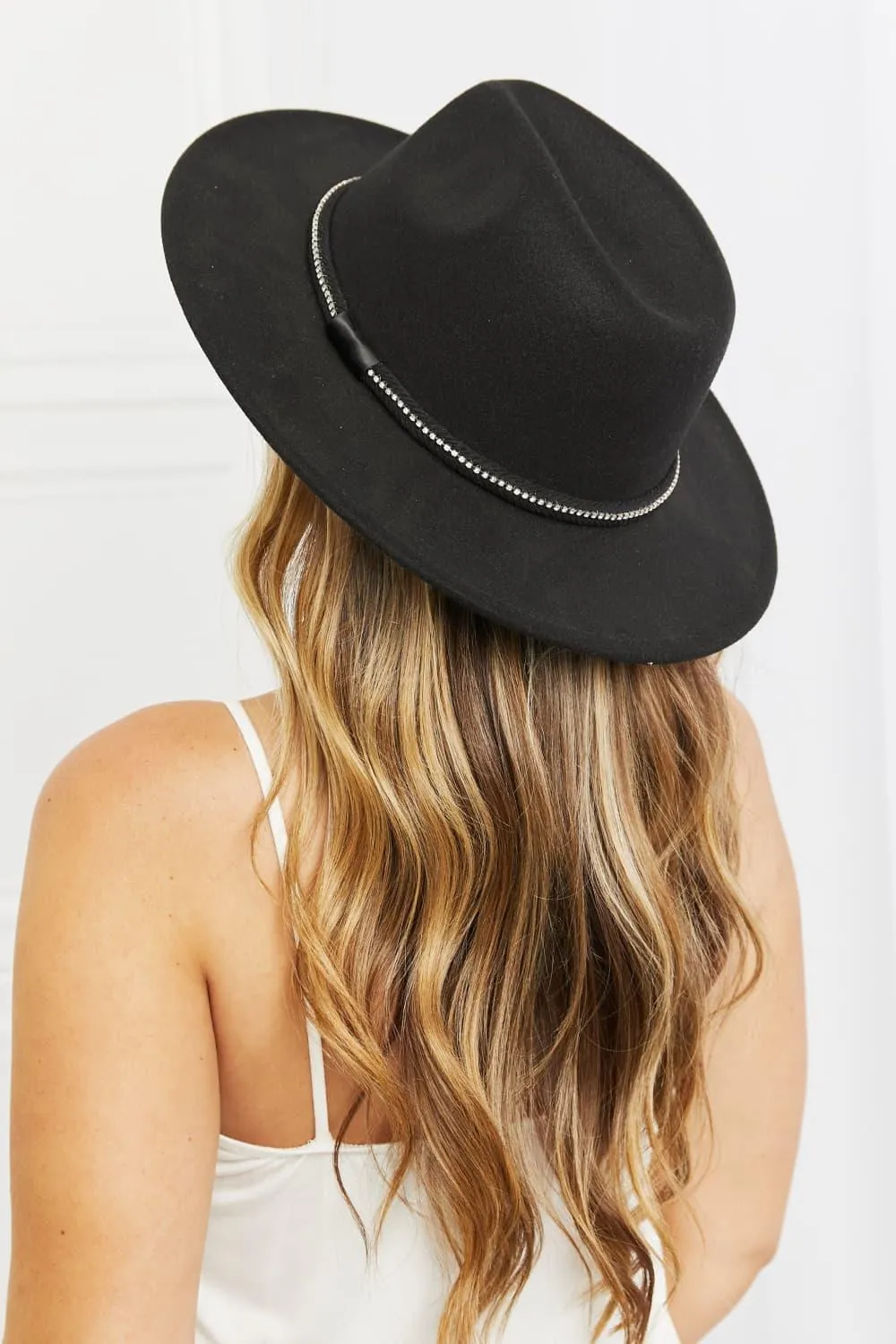 Fame Rhinestone Belt Wide Brim Black Fedora Hat