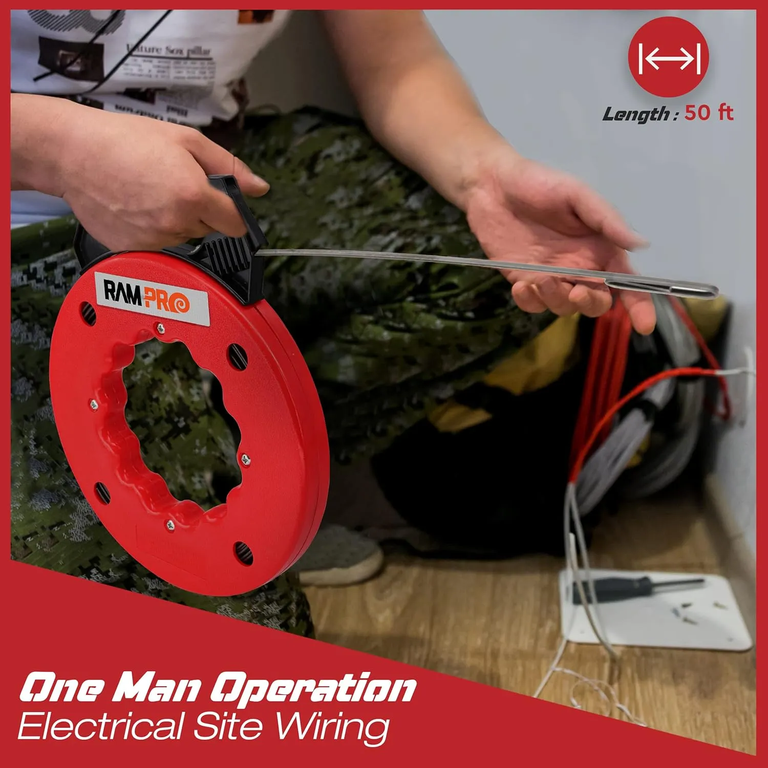 Fish Tape Wire Puller 50ft - Easy to use Cable Puller Tool with Double Loop Tip - Flexible Wire Fishing Tools for Walls and Electrical Conduit - 1/8 Steel Fish Tape Durable Housing - RamPro