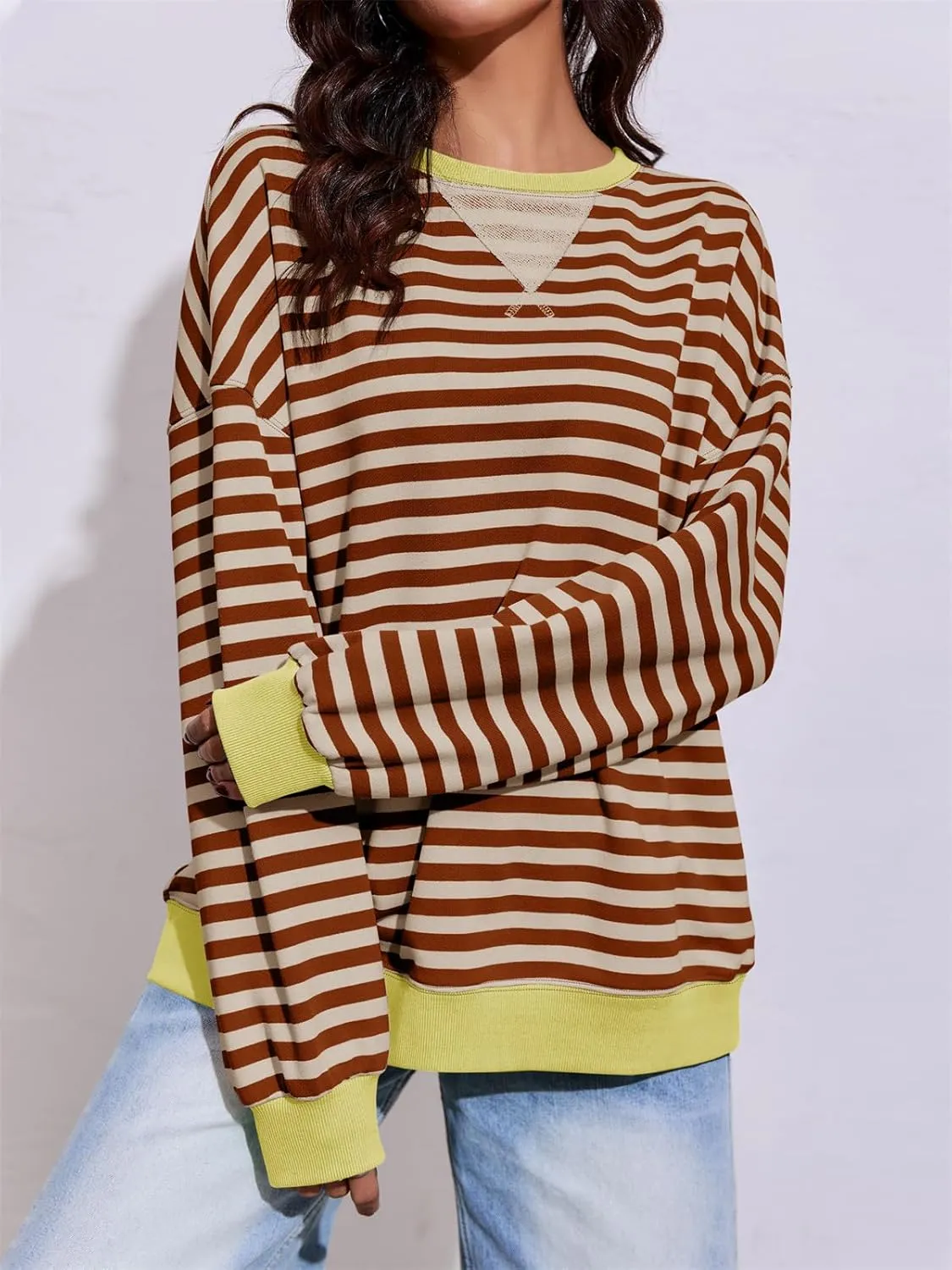Fisoew Womens Striped Oversized Sweatshirt Color Block Crew Neck Long Sleeve Shirt Casual Loose Pullover Top Y2K Clothes