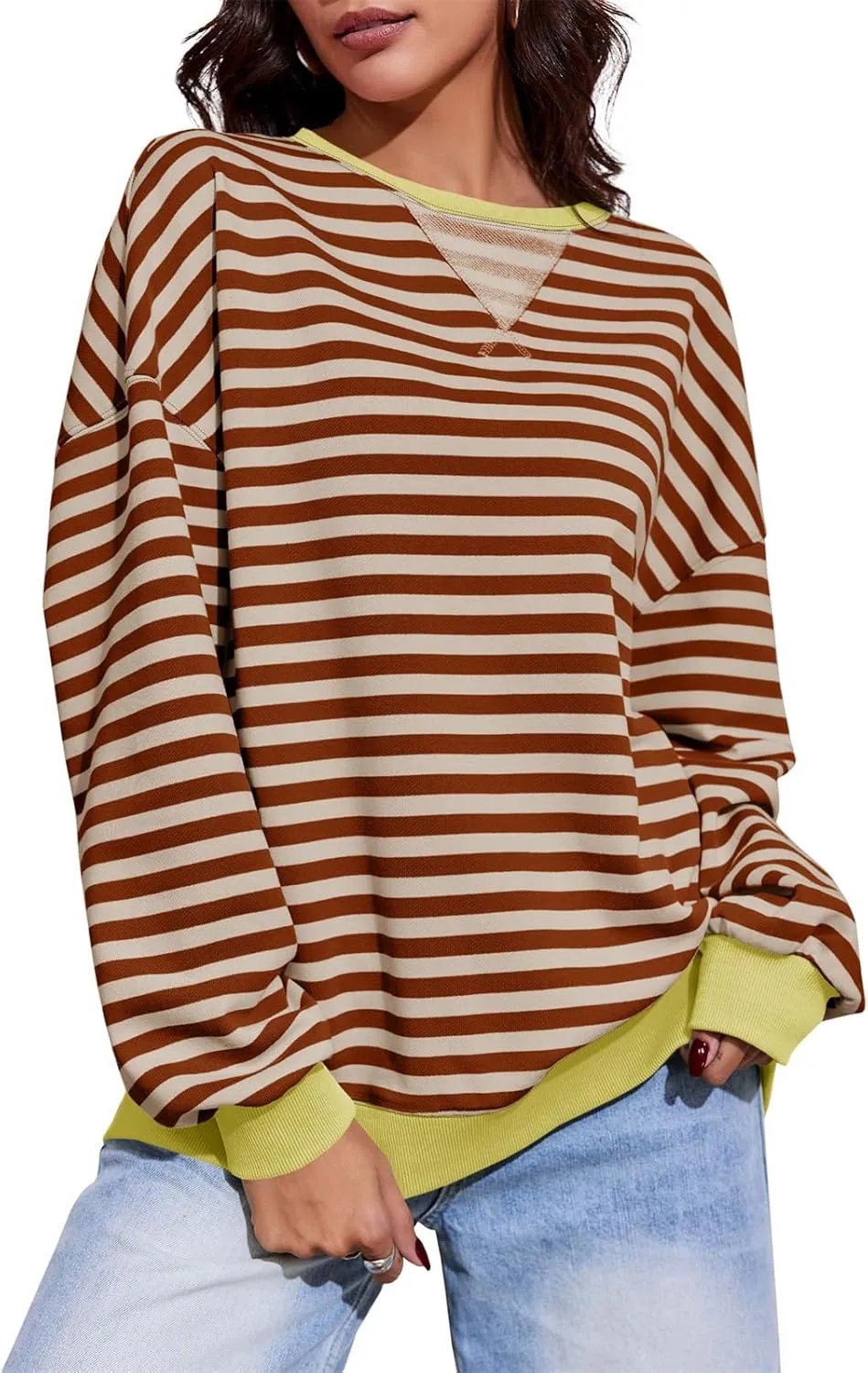 Fisoew Womens Striped Oversized Sweatshirt Color Block Crew Neck Long Sleeve Shirt Casual Loose Pullover Top Y2K Clothes