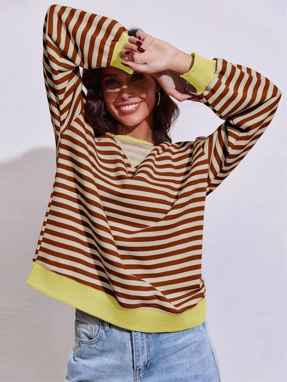 Fisoew Womens Striped Oversized Sweatshirt Color Block Crew Neck Long Sleeve Shirt Casual Loose Pullover Top Y2K Clothes
