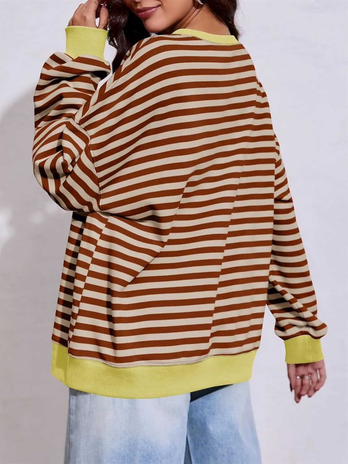 Fisoew Womens Striped Oversized Sweatshirt Color Block Crew Neck Long Sleeve Shirt Casual Loose Pullover Top Y2K Clothes