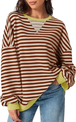Fisoew Womens Striped Oversized Sweatshirt Color Block Crew Neck Long Sleeve Shirt Casual Loose Pullover Top Y2K Clothes