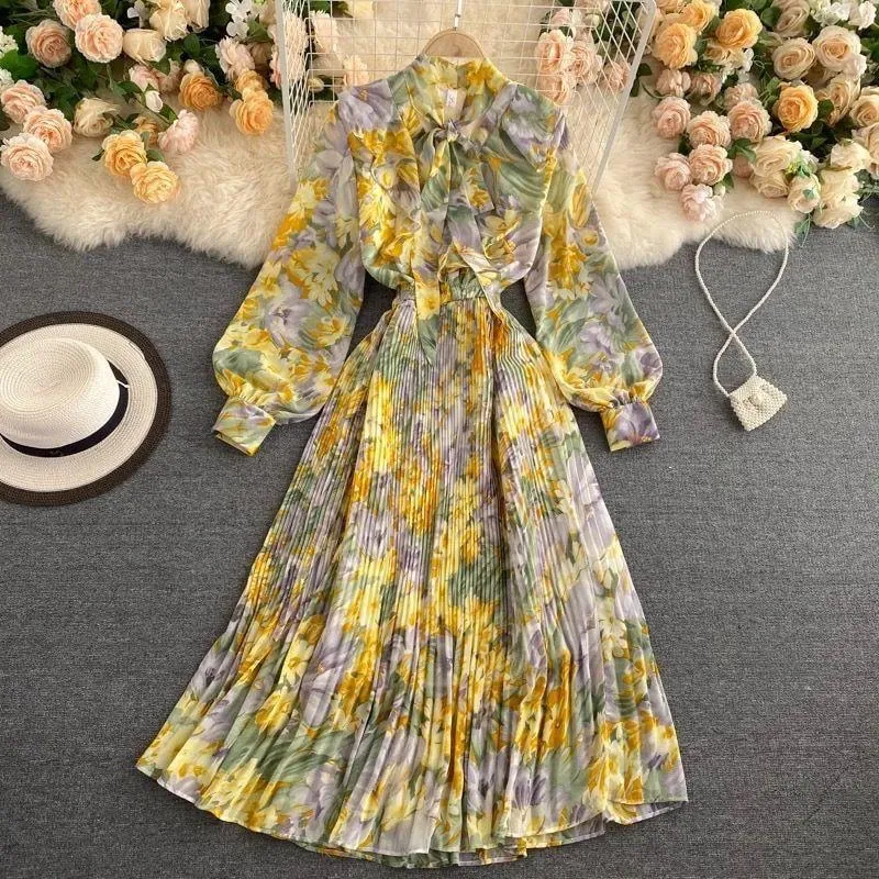 Floral Lantern Sleeve Chiffon Dress