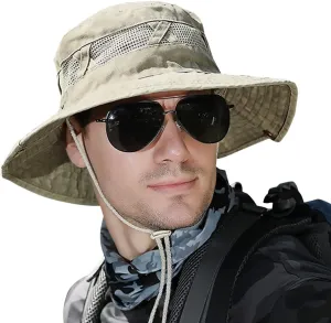 Koreshion Men Sun Hat Sun Protection Wide Brim Fishing Hat Breathable Cotton Summer Hat Foldable Boonie Cap