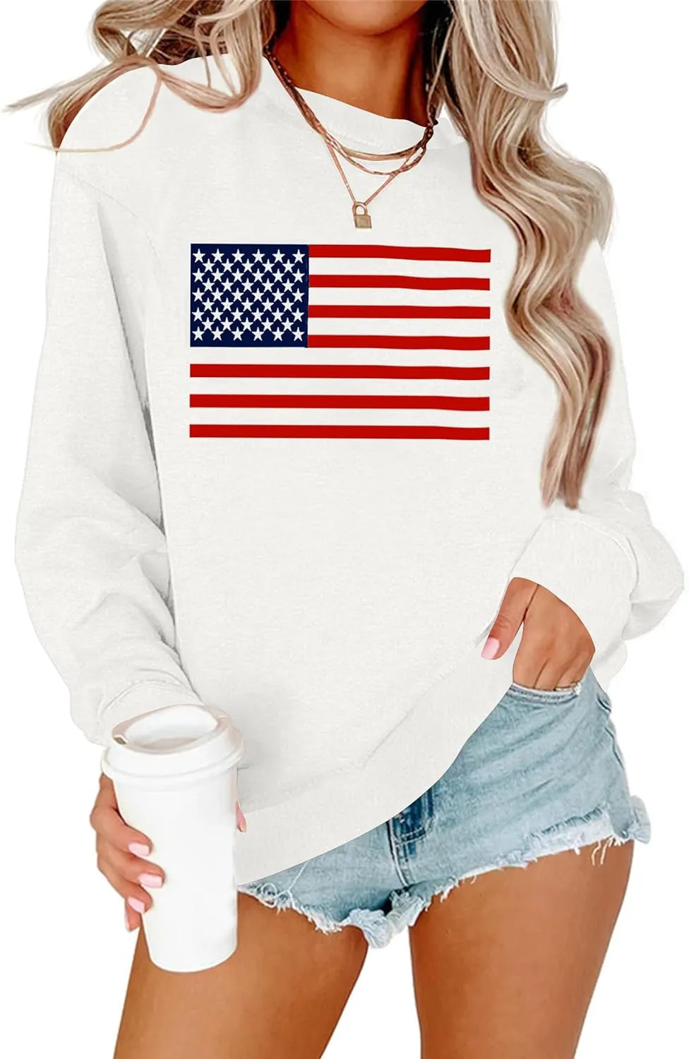 Lacozy Womens USA Sweatshirt Long Sleeve Crew Neck 4th of july shirts Casual American Flag Sweater Loose Fit Pullover Tops