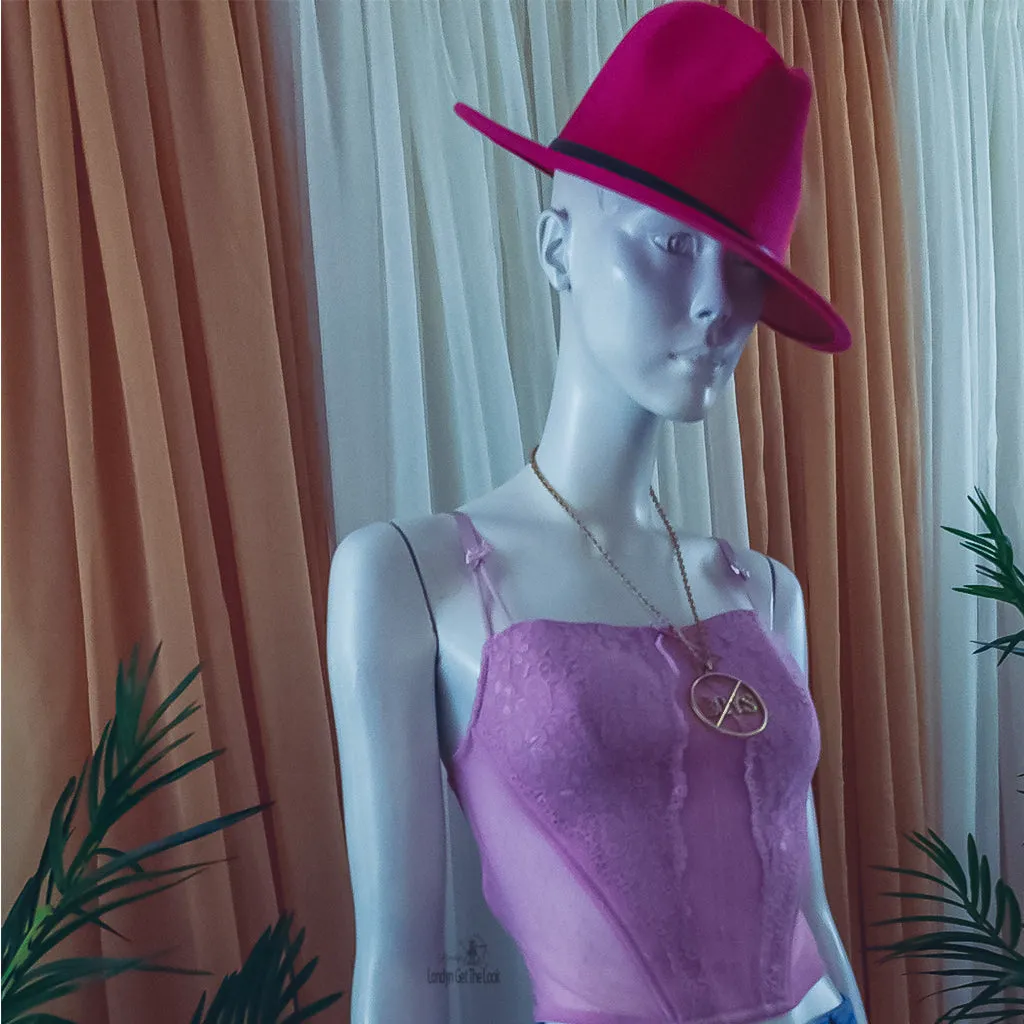 Londyn Fedora Wide Brimmed Hat (Pink/Red)
