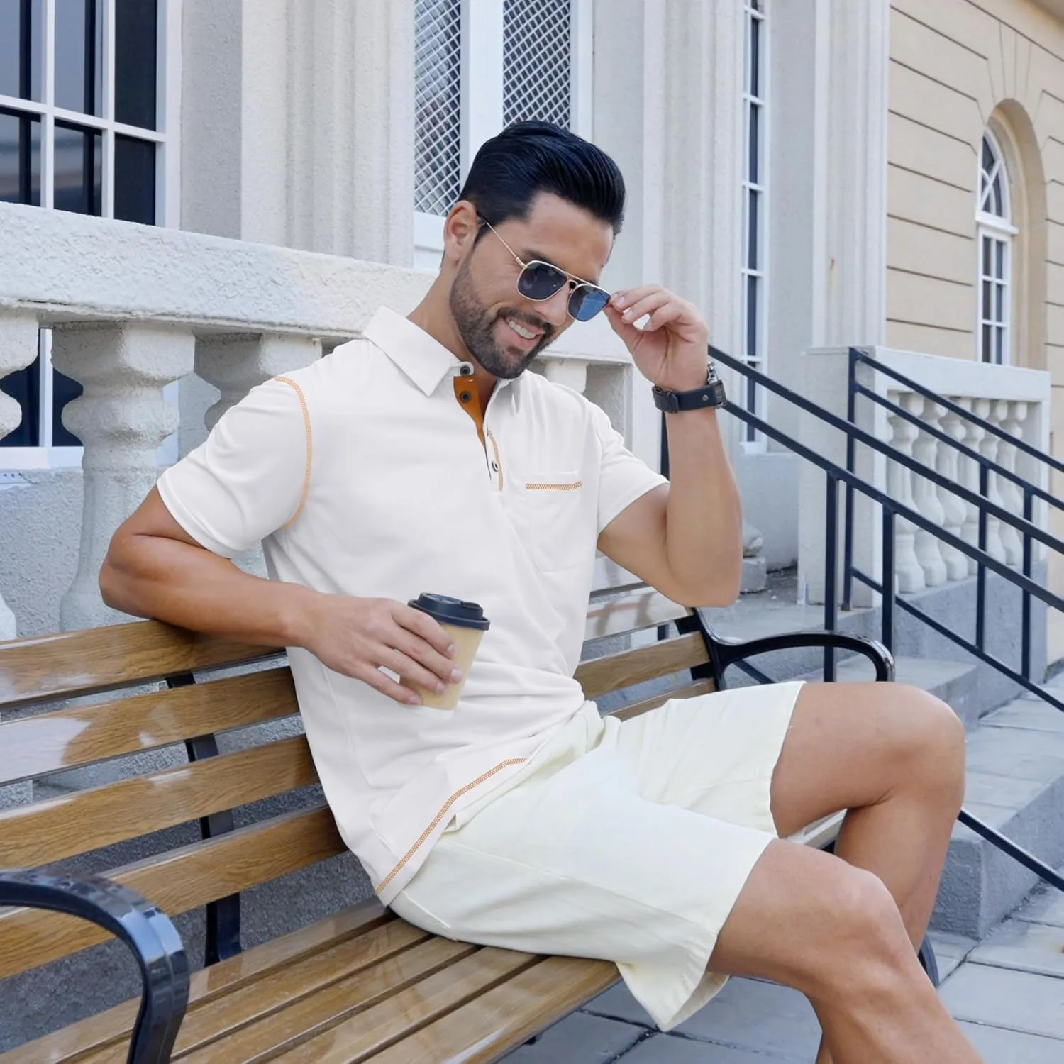 Men's Casual Polo Shirts Shorts Sleeve Summer Shirt Classic Collared Button Golf Shirts with Pocket