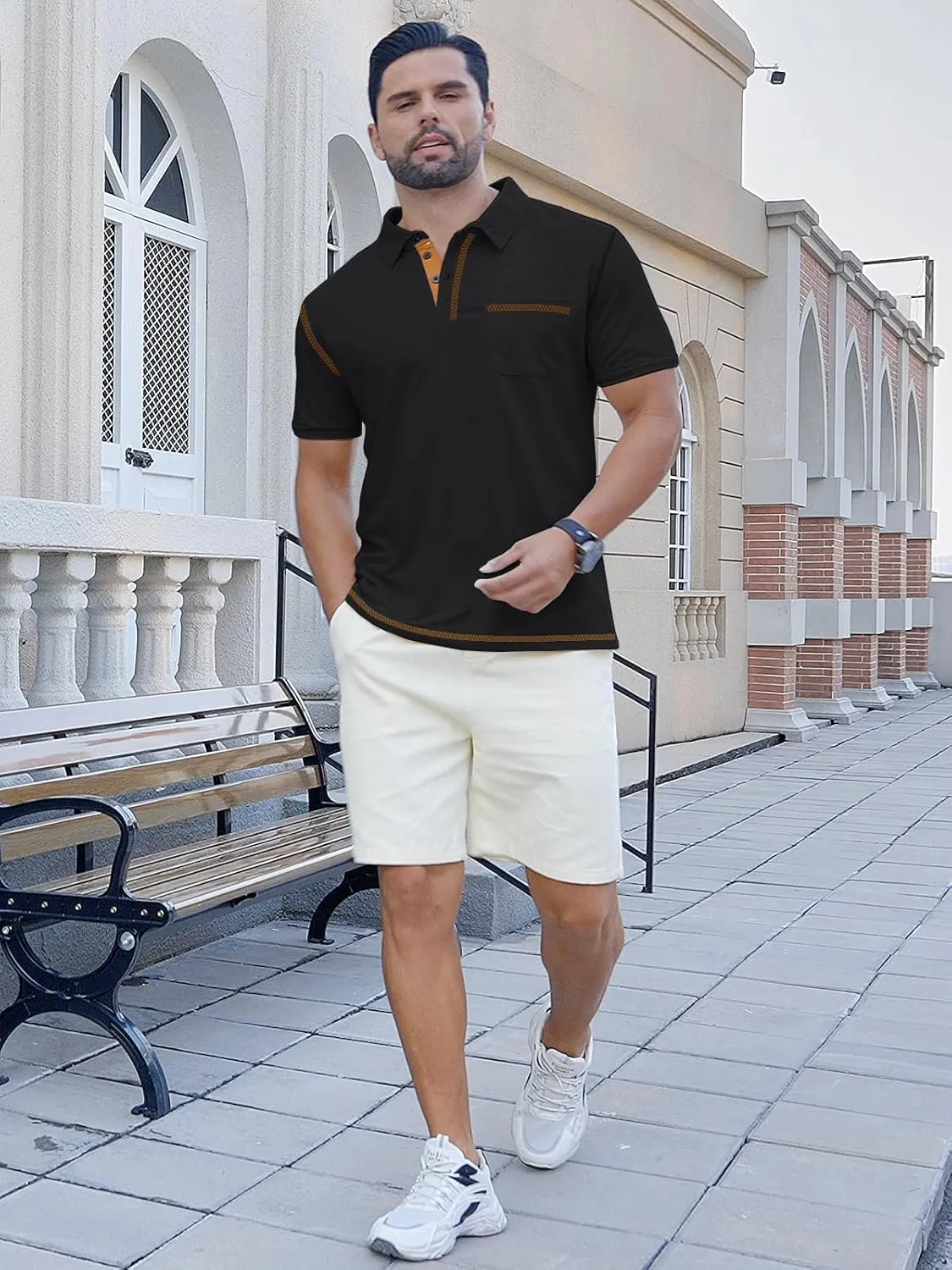 Men's Casual Polo Shirts Shorts Sleeve Summer Shirt Classic Collared Button Golf Shirts with Pocket