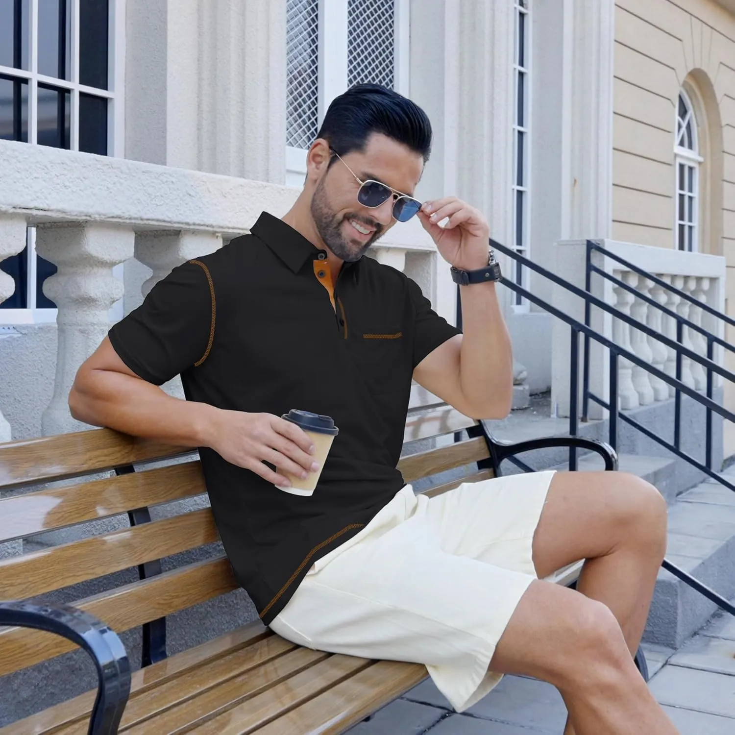 Men's Casual Polo Shirts Shorts Sleeve Summer Shirt Classic Collared Button Golf Shirts with Pocket