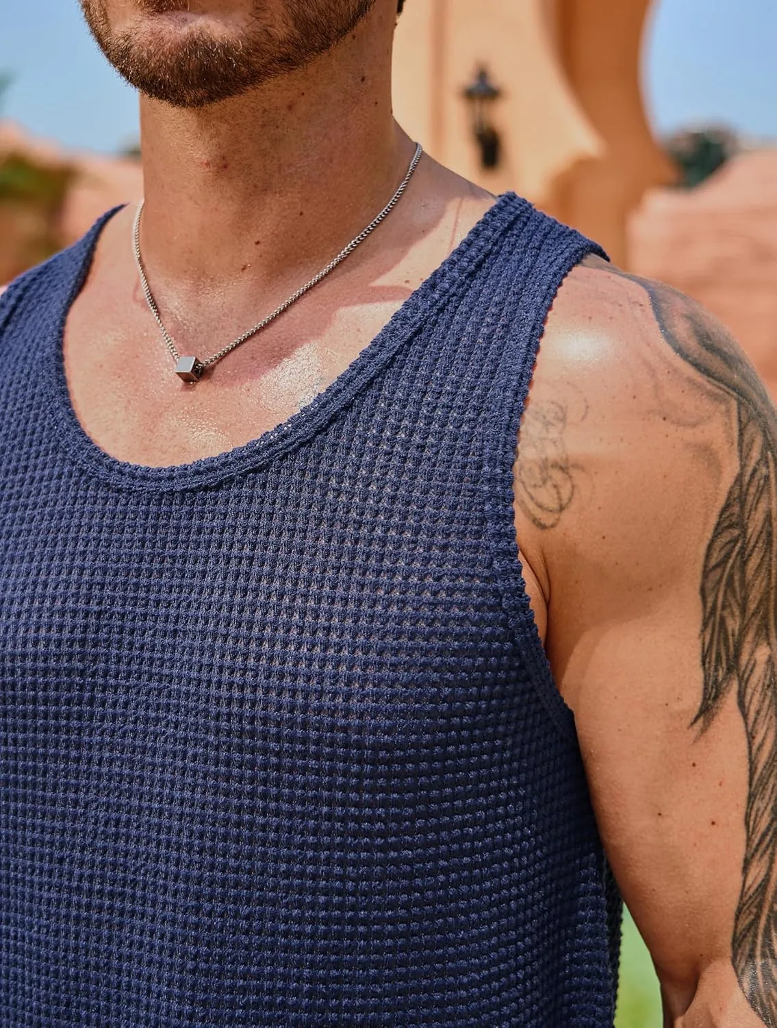 Mens Hollow Out Tank Top Vacation Summer See Through Crochet Sleeveless Shirt Beach Muscle Knit Vest (S-XXL)