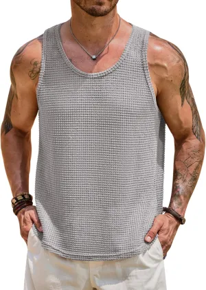 Mens Hollow Out Tank Top Vacation Summer See Through Crochet Sleeveless Shirt Beach Muscle Knit Vest (S-XXL)