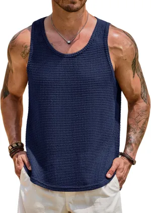 Mens Hollow Out Tank Top Vacation Summer See Through Crochet Sleeveless Shirt Beach Muscle Knit Vest (S-XXL)