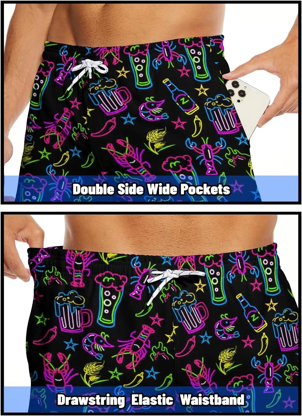 Mens Swim Trunks 2 in 1 Pattern 5 Inch Swimming Beach Shorts Casual Summer Board Shorts with Pockets
