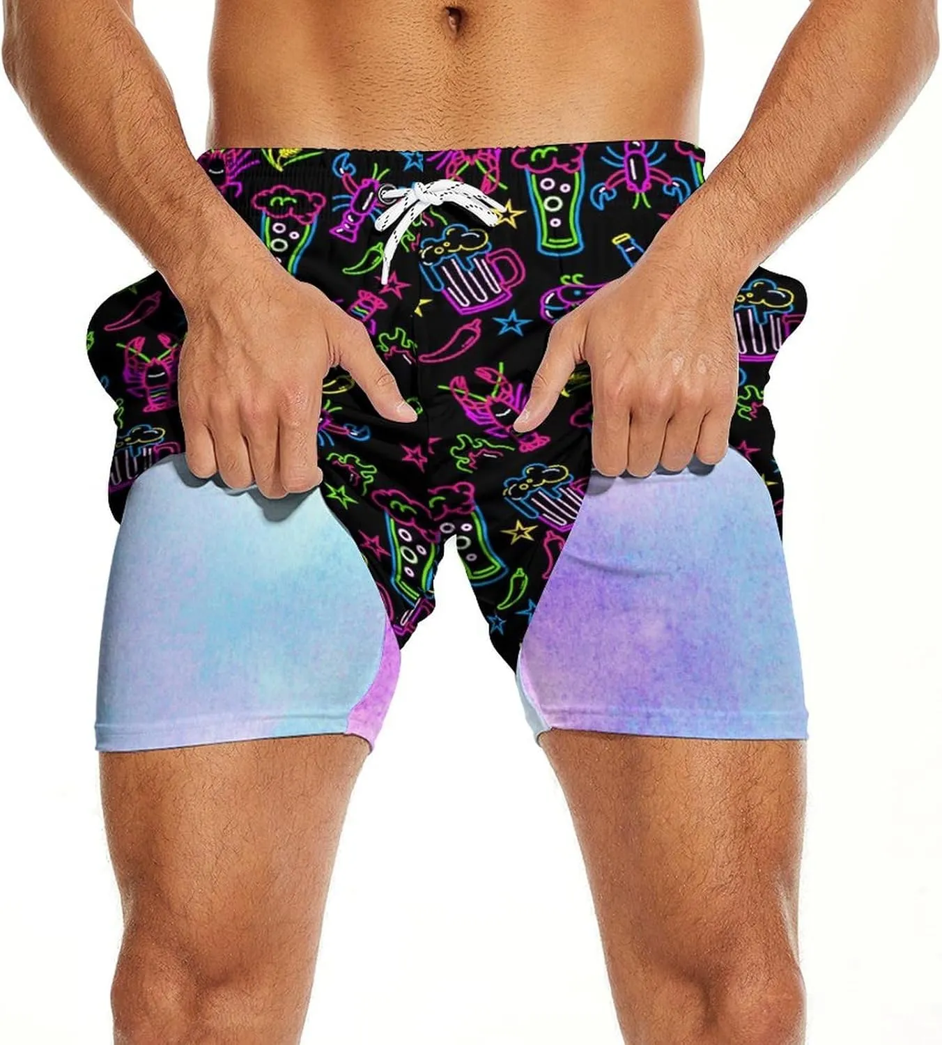 Mens Swim Trunks 2 in 1 Pattern 5 Inch Swimming Beach Shorts Casual Summer Board Shorts with Pockets