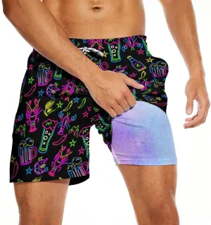 Mens Swim Trunks 2 in 1 Pattern 5 Inch Swimming Beach Shorts Casual Summer Board Shorts with Pockets