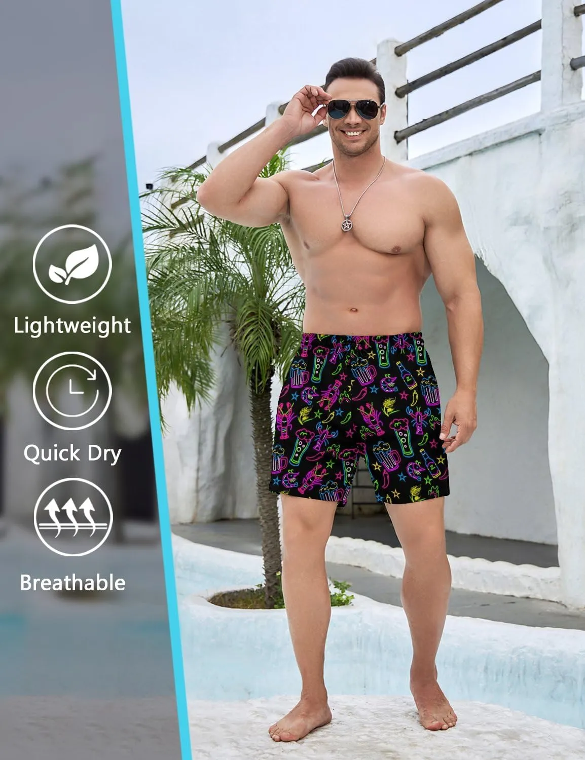 Mens Swim Trunks 2 in 1 Pattern 5 Inch Swimming Beach Shorts Casual Summer Board Shorts with Pockets