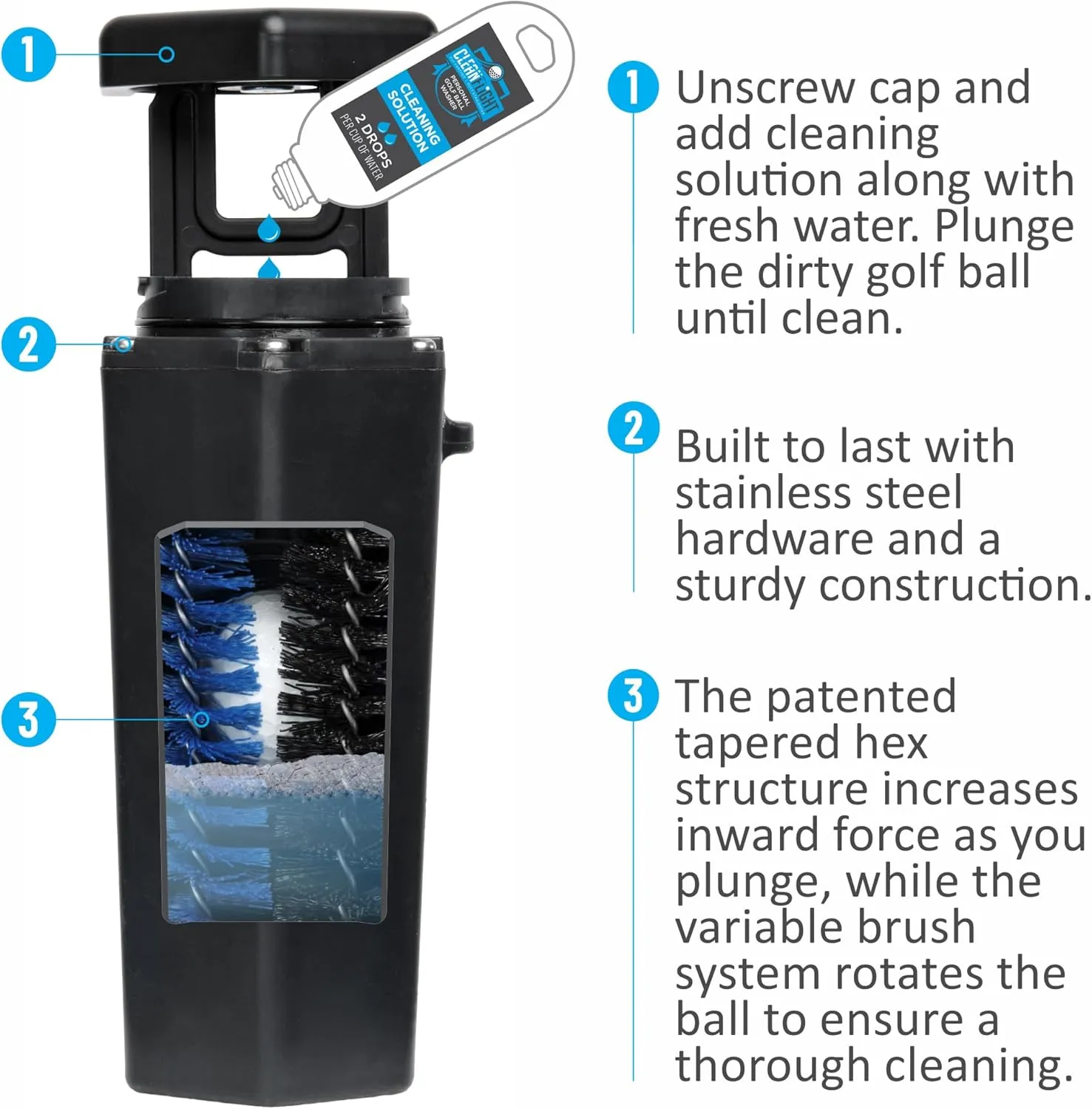 Premium Golf Ball Washer - Portable Cleaner for Golf Bag or Cart - Best Golf Accessories Gifts for Men & Women.