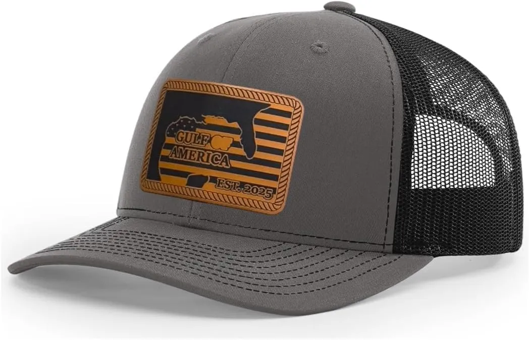 Richardson American Gulf Hat, Trucker Style Mesh Back Cap with Custom Laser Engraved Leather Patch