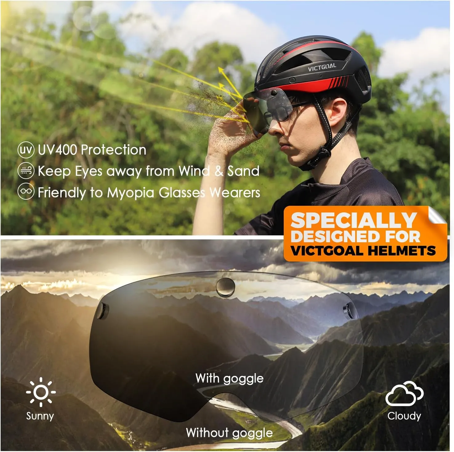 VICTGOAL Detachable Magnetic Bike Helmet Goggles Visor Especially Deisgned for VG110/VG112 Bicycle Helmet